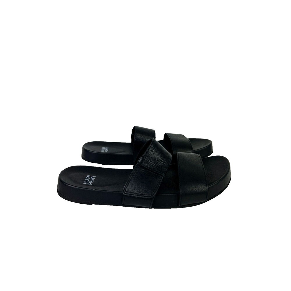 Eileen Fisher Dee Leather Slide Sandals Black Double Strap Slip On Shoes 8.5